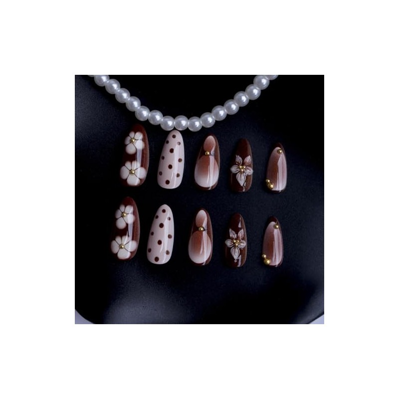 Uñas postizas de almendra medianas con diseño floral 3D, color