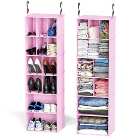 SpaceAid 2 Pack Hanging Closet Organizer and Storage with Dividers, 24 Compartments Hanging Shoe Shelves for Closet, Wardrobe, RV, Garment Rack - Pink