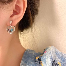 Aneneiceera Boho Crystal Heart Dangle Earrings Silver Cz Love Heart Earrings Teardrop Rhinestone Stud Earrings Cz Heart Wedding Earrings Jewelry for Women