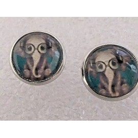 Elephant Funny in Glasses Small Round Silver Alloy Post Stud Earrings Jewelry