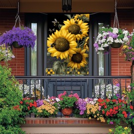 BlissYard Sunflower House Flag 28 x 40 Inch Double Sided Garden Flag with Bee Design and Checkered Border for Spring Summer Outdoor Porch Yard Seasonal Decor