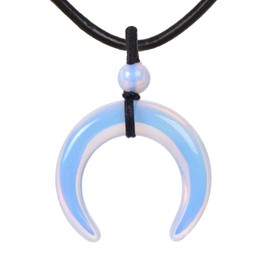 JUST IN STONES Synthetic Opalite Moonstone Glass Crescent Moon Shape Double Horn Chakra Reiki Pendant Genuine Leather Necklace 18 Inch