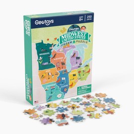 Geotoys Midwest Region Jigsaw Puzzle - 250 Piece Puzzle for Kids - Jigsaw Puzzles for Kids Ages 8-12 Years Old - Geography Puzzles with Colorful Landmarks, United States Flag and More