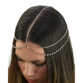 Women's Bohemian Fashion Head Chain Jewelry - Single Draping Rhinestone Simple Strand, Gold-Tone