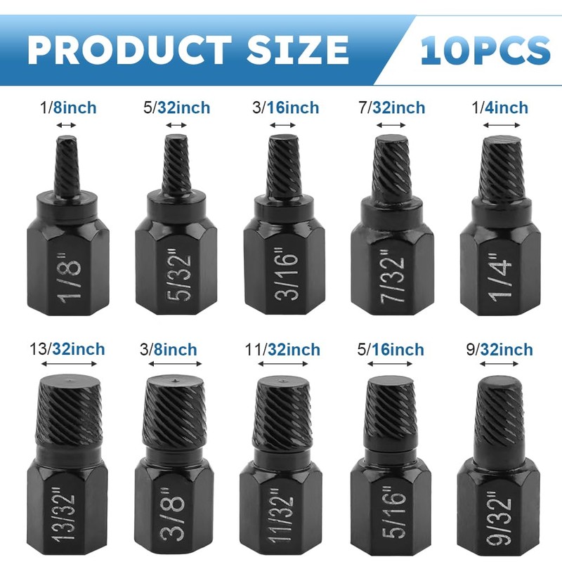 10Pcs Screw Extractor Set, Easy Out Bolt Extractor Kit, Single-Head