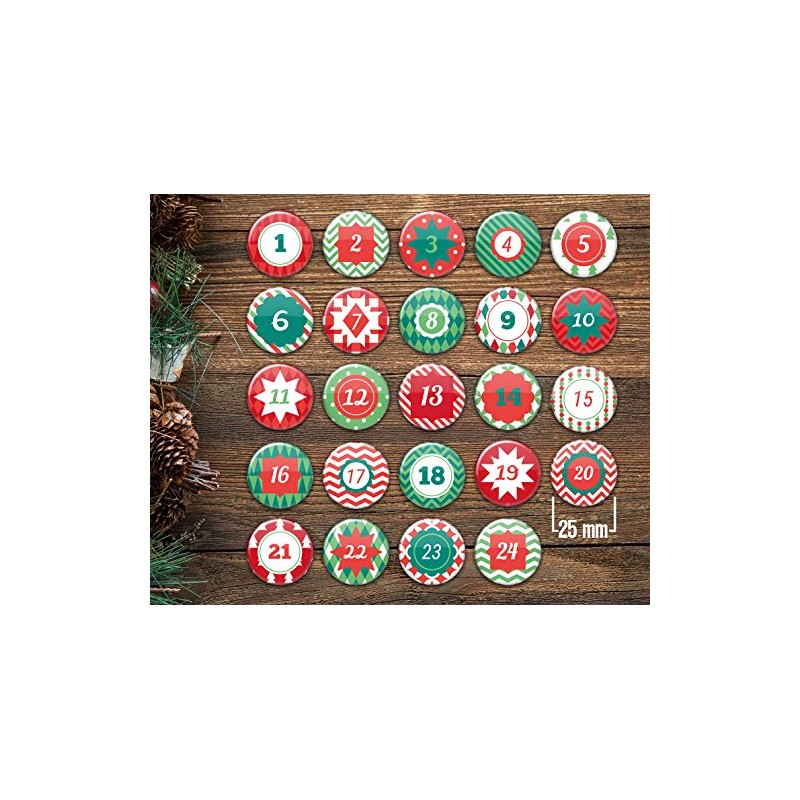 stylebutton® 24 Advent Calendar Buttons: Colourful, Numbered Pin Xmas 2