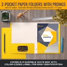 Better Office Products Yellow Paper 2 Pocket Folders with Prongs, 50 Pack, Matte Texture, Letter Size Paper Folders, 50 Pack, with 3 Metal Prong Fastener Clips, Yellow