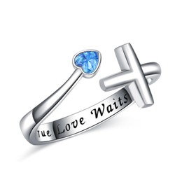 YMHOP Sterling Silver True Love Waits Heart Cross Ring Blue Purple CZ Adjustable Ring Jewelry Gift for Women Girls, Sterling Silver, Cubic Zirconia