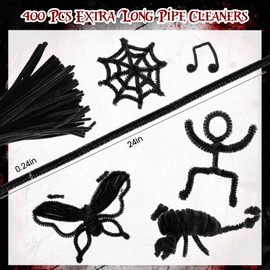 RoundFunny 400 Pcs 24 Inch Extra Long Black Pipe Cleaners Chenille Stem Creative Pipe Cleaners Craft Supplies Fuzzy Sticks for Festivals Decorations Hair DIY Arts Handcraft Project
