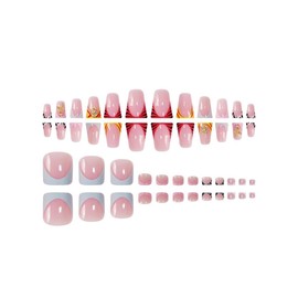 48Pcs Blue French Tip Press on Nails Pink French Tip Press on Toenails Set Medium Square Duck False Nails with Butterfly Dollar Charms Design Full Cover Reusable Fake Acrylic Nails for Women Manicure