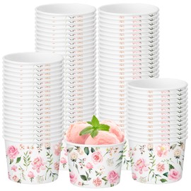 Funnymoom 50 Pack Pink Floral Treat Snack Cups Floral Paper Ice Cream Cups 9 oz Rose Flower Disposable Dessert Bowls Paper Soup Bowls for Hot or Cold Food Wedding Baby Shower Birthday Party Supplies