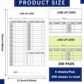 50/100/200 Baseball Softball Lineup Cards 4.52 x 7.86 Inch Lineup Sheet Games with Player Roster Baseball Scorebook Coaching Accessories for Coaches Umpires, 4 Part Carbonless Copies(200 Sets)