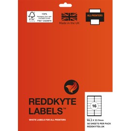Reddkyte Multipurpose White Labels - Pack of 50 Sheets, 99.1X 33.9 mm, 16 Labels per Sheet for Inkjet and Laser, FSC Certified , Made in the UK