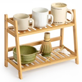 ANBOXIT Bamboo Kitchen Organiser, 2 Tier Shelf for Cups and Coffee Bar | Suitable for storing matcha, coffee accessories & spices in kitchen, home and office