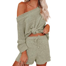 Ermonn Womens 2 Piece Outfits Sweater Sets Off Shoulder Knit Tops Waist Short Suits Casual Pajama Set Romper Jumpsuits Green