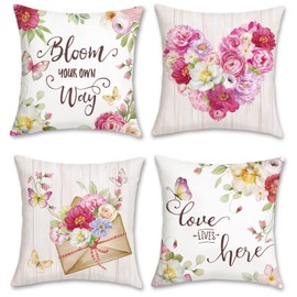 Bonhause Flower Cushion Covers 45 x 45 cm Pink Love Heart Floral Decorative Throw Pillow Covers for Sofa Pato Home Decor Set of 4