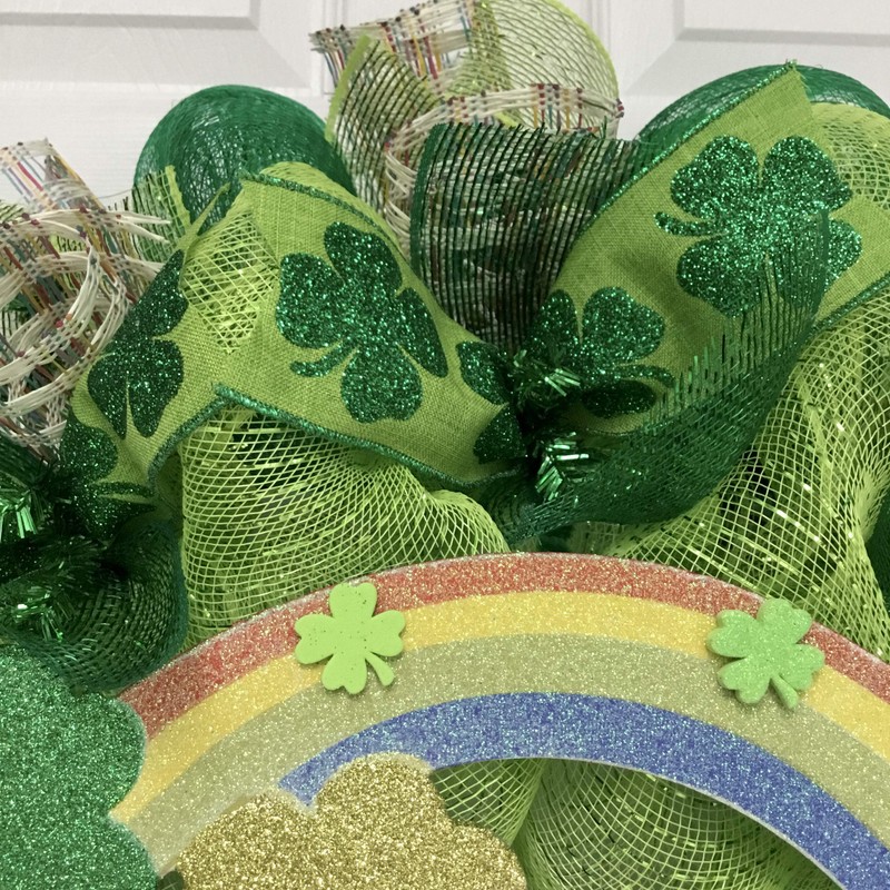 St Patricks Day Shamrock Truck With Rainbow Handmade Deco Mesh