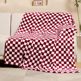FY FIBER HOUSE Checkered Flannel Fleece Throw Blanket Soft Cozy Checkerboard Grid Print Chessboard Gingham Pattern Blankets for Bed Couch Sofa, 50"x60", Burgundy