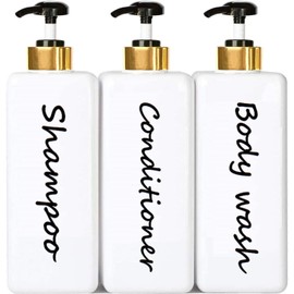 21oz Shampoo and Conditioner Dispenser (Set of 3) Modern Refillable Shampoo Pump Bottles for Shower Soap - Empty Shampoo Conditioner Body Wash Dispenser Set - Stylish Permanent Labels - for Bathroom