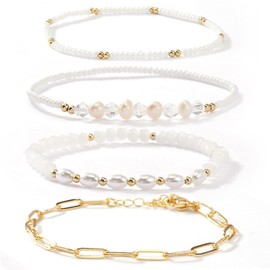 SHINUS BOHO 14K Gold Plated Cross Beaded Paperclip Stack Bracelets Sets for Women，Stackable Freshwater pearl Trendy Waterproof Ball Stretch Link Chain Bracelet Fashion Accessories Jewelry Gifts Gifts