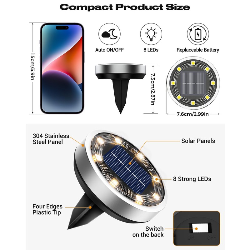 btfarm 12 Pack Solar Lights Outdoor, 8 LED Solar Ground