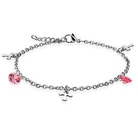 Cross Bracelet / Anklet 316L Surgical Steel with Two Crystals - In Jewellery Box, Leather