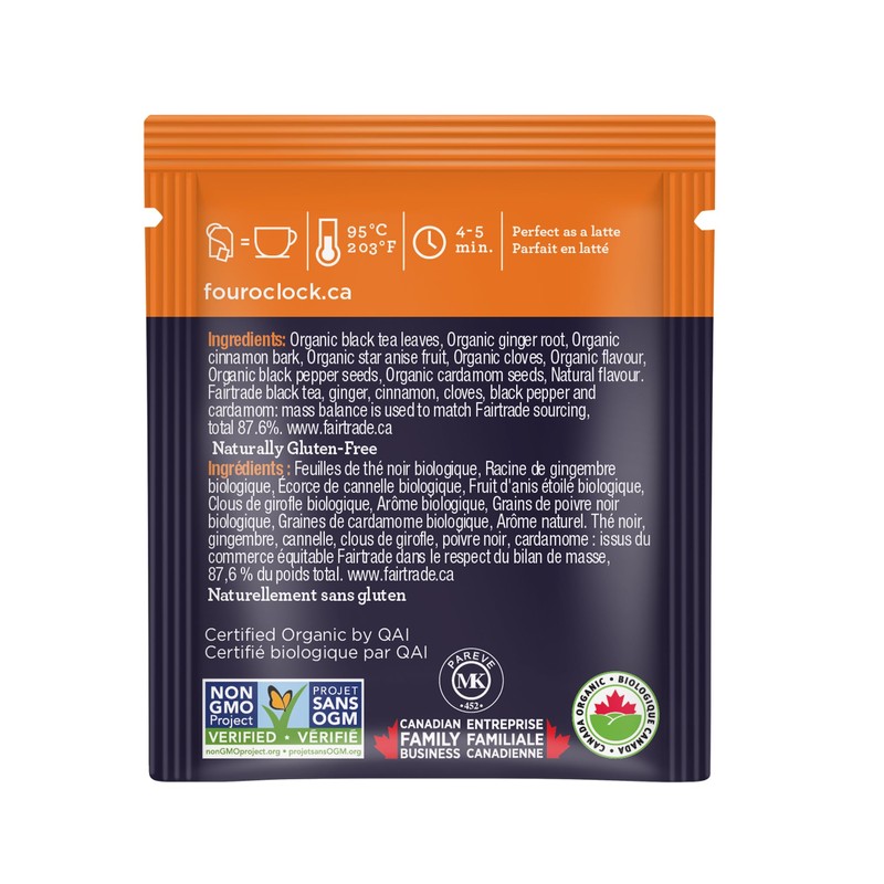 Four O'Clock Black Tea Chai Organic Fairtrade, Non-Gmo, Kosher, Gluten-Free,