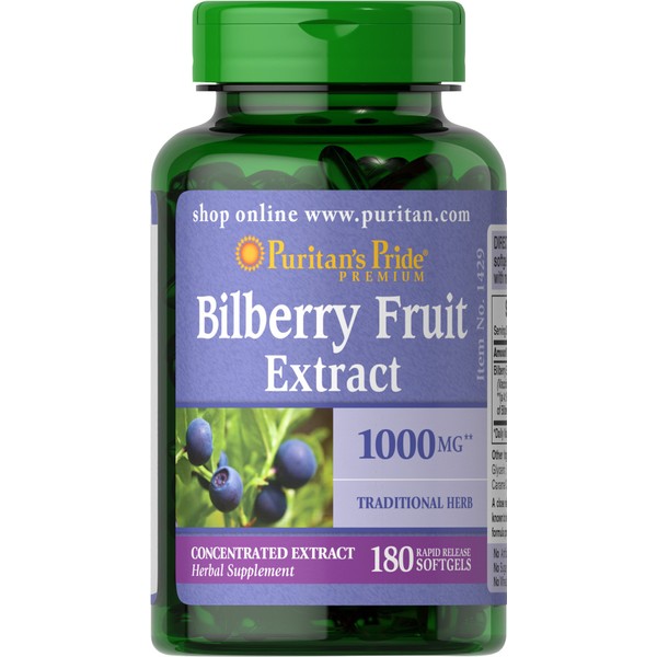 Puritan's Pride Bilberry Extract, Contains Antioxidant Properties*, 1000mg Equivalent, 180 Rapid Release Softgels (Packaging May Vary)