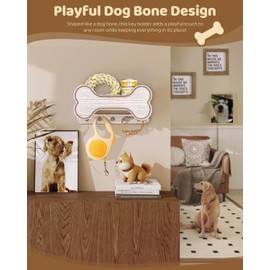 MTERSN Decorative Dog Leash Holder for Wall - Creative Doggie Bone Shape Key Holder Wall Mount with Dog Stuff Storage Shelf & 5 Cute 3D Puppy Paw Hooks - Ideal for Room Decor (White)