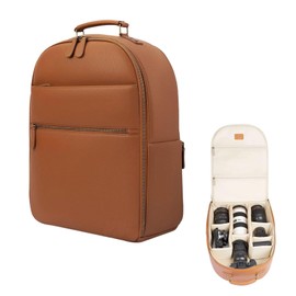 Divvia Camera Backpack Classic PU Leather with 15 Inch Laptop Compartment, Professional Camera Bag for Photographers for DSLR Large 20L Brown