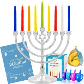 The Dreidel Company Complete Hanukah Menorah Set, 7" Menorah, 44 Colored Candles, 4 Multicolored Painted Wood Dreidels, 4 Chocolate Belgian Coins Gelt, Comprehensive Chanukah Guide (Set of 1)