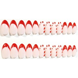 Hint Of Candy Cane French Manicure Wide Width Glossy Almond Press On Nails - 24 Pieces - Artificial Nail Kit - Holiday Nails - Christmas Nails