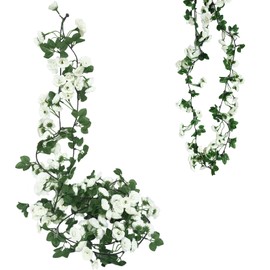 2 Pack 6.07FT (185cm) Artificial Flowers Garland Rose Vine Hanging Flowers for Decorations, Faux Rose Flowers with Realistic Design for Home Garden, Wedding Party White