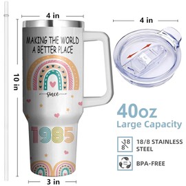 Vaso de 40 cumpleaños con mango y pajita, taza de 40 cumpleaños de acero inoxidable de 40 onzas, regalos de 40 cumpleaños para mujeres, regalos únicos de feliz 40 cumpleaños para mujeres, regalos de