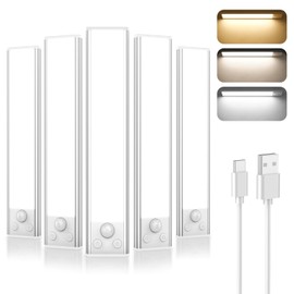 5-Pack Under Cabinet Lighting, 1800mAH Rechargeable Battery Operated Motion Sensor Lights Indoor with 3 Color Temperature, Dimmable Wireless Magnetic Under Counter Closet Lights for Kitchen, Stairs