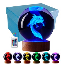 Axolotl Crystal Ball Night Light, 3.15 Inch 3D Axolotl Crystal Lamp with LED Wooden Base, 16 Colors Change with Remote Control, Gift Box Packing, Axolotl Toy Gifts Ideas for Friends (Axolotl A)