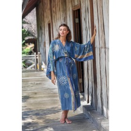 NOVICA Artisan Hand-Painted Long Kimono Patterned Robe with Pockets for Women Lightweight Loungewear from Indonesia 'Floral Midnight Blue'