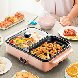 CNCEST Electric Hot Pot with Grill,1200W 2 In 1 Multifunction Nonstick Griddle and Hot Pot,Indoor Barbecue Grill with Hotpot for Steak,Korean BBQ,Separate Dual Temperature Control,Fast Heating (pink)