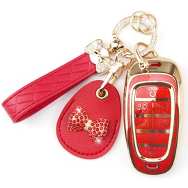 Rayslesan Key Fob Cover with Leather Holder Compatible with Airtag/RFID,Compatible with Hyundai Sonata Santa Fe Tucson Nexo 2019-2021 Palisade,RFID Protector,Car Key Accessories(7-Button, Gold Red)