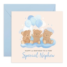 CENTRAL 23 1st Birthday Baby Boy Card - 'Teddy Nephew Birthday' - Gifts for Babies, Kids, Children, Toddler from Uncle and Auntie - 1 Year Old Age One - Comes with Fun Stickers