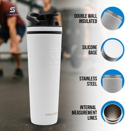Ice Shaker Insulated Stainless Steel Shaker Bottle | 32oz, White | Cold for 30+ Hours | Insulated Cup with Twist-on Agitator | Odor-Free Bottle for Protein Shakes, Water, Smoothies, Cocktails