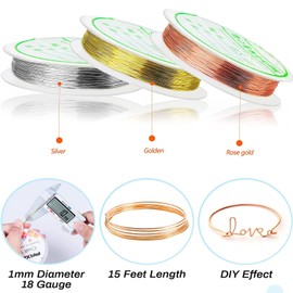 3 Rolls Jewelry Wire Craft Wire 1mm 18 Gauge Tarnish Resistant Jewelry Beading Wire for Jewelry Making and Crafts Beading (Silver, Gold, Rose Gold)