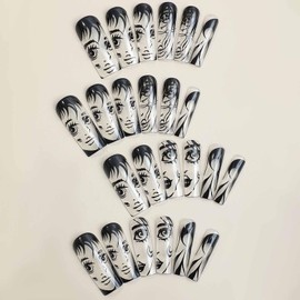 IMSOHOT Press on Nails Square Long French Fake Nails Clear Glue on Nails Black Cartoon Graffiti False Nails with Designs Glossy Full Cover Acrylic Nails 24pcs Y2K Gel Nails Kits