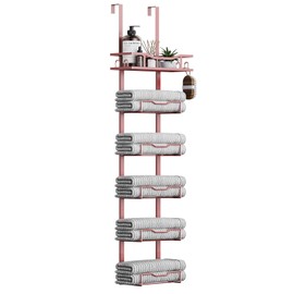 Hanging Towel Racks for Bathroom No Drill - 6-Tier Over The Door Bath Towel Storage Organizer for Small Bathrooms - Tiered Back of Door Towel Holder Hanger for Rolled Towels RV Camper Rose Gold