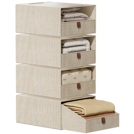 4-Pack Storage Bins with Drawers Large Closet Organizers and Storage Stackable Fabric Clothes Storage Box Collapsible Closet Drawers Organizer for Bedroom Living Room Under Bed (Beige, 21L*4)