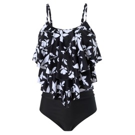 FLYILY Women Two Piece High Waisted Swimwear Tankin Sets Ruffle Ruched Bathing Suit Swimming Costume(2-BlackLeaf,XL)