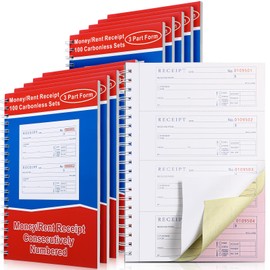 Crtiin 10 Books Money and Rent Receipt Book 3 Part Carbonless Receipt Book Spiral Bound Cover Receipt Log Book with Carbonless Copies 100 Sets Per Book 4 Receipts Per Page (7-5/8" x 10-7/8")