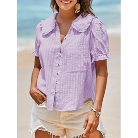 Tankaneo Womens Puff Sleeve Shirts Peter Pan Collar Button Down Cotton Blouse Casual Summer Textured Tops Light Purple