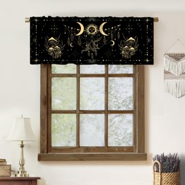 BATPLY - Cortinas con cenefa de luna, estilo clásico barroco, negro, dorado, estrella, seta con patrón opaca, decoración del hogar, cortinas cortas, para recámara, sala de estar, cocina, 54 x 18