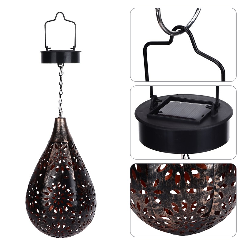 Hanging Solar Light Bronze Iron Metal Hollow Pattern Outdoor Lawn